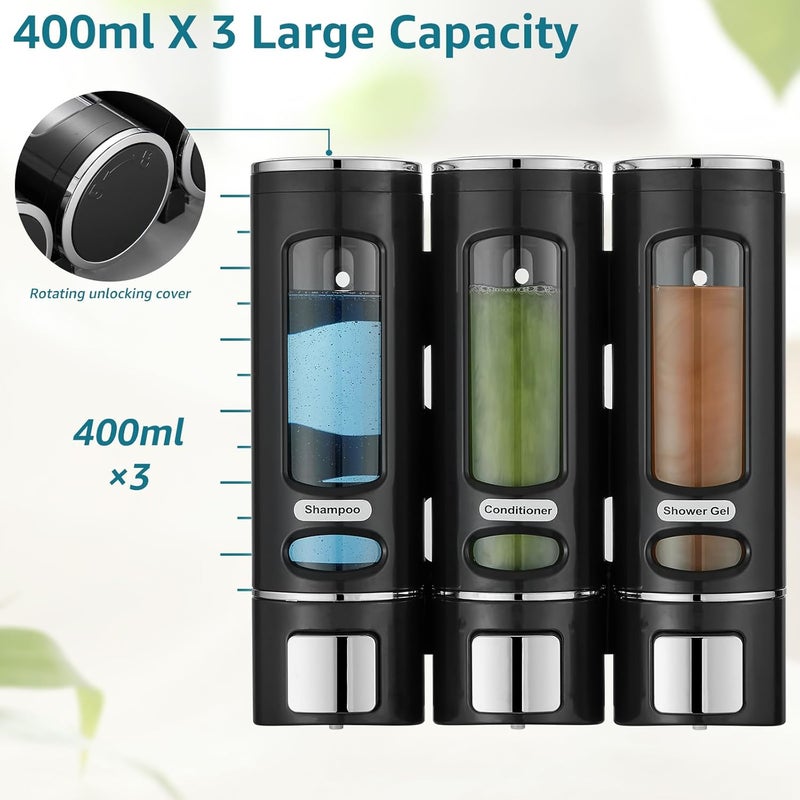 pollock Shampoo and Conditioner Dispenser,Shower Shampoo Dispenser 3 Chamber No Drilled Shampoo Dispenser for Shower Wall Mounted Shower Dispenser Body Wash Dispenser for Bathroom Kitchen Hotel, Black - Image 3